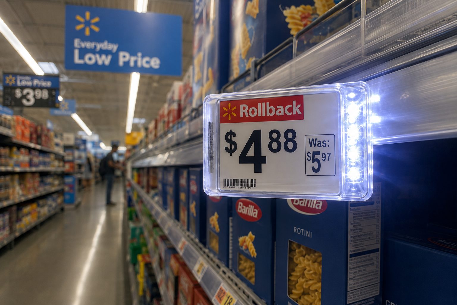 A Walmart digital shelf label with its LED location lights activated on a grocery aisle shelf
